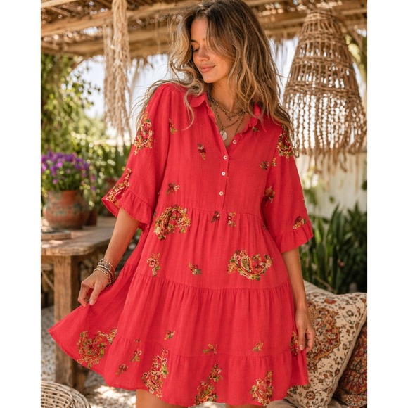 figueroa & flower Dresses & Skirts - Anthropologie Figueroa & Flower Embroidered Dress Coral Pink Tiered M Boho